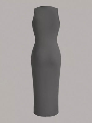 Sleeveless round neck midi dress in charcoal grey, fitted silhouette.