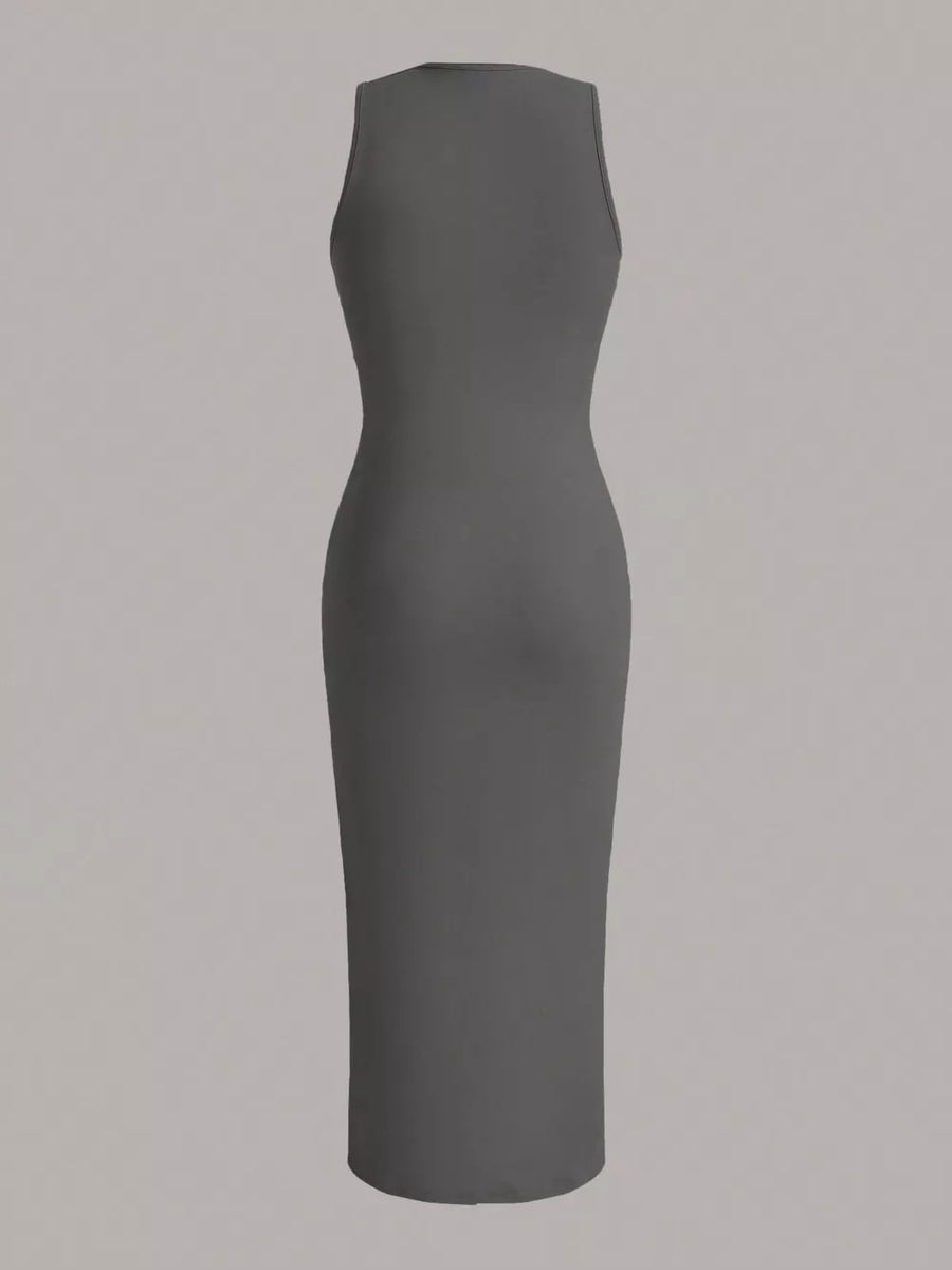 Sleeveless round neck midi dress in charcoal grey, fitted silhouette.