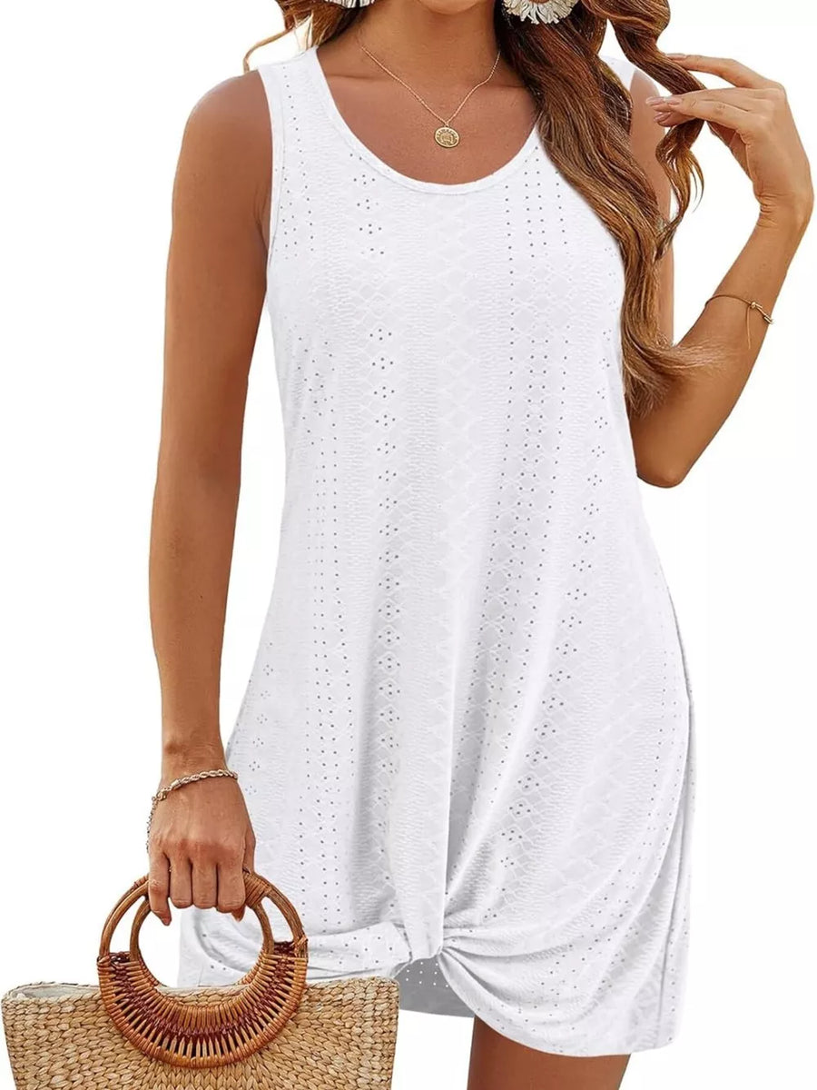 White eyelet tank dress with twisted hem detail