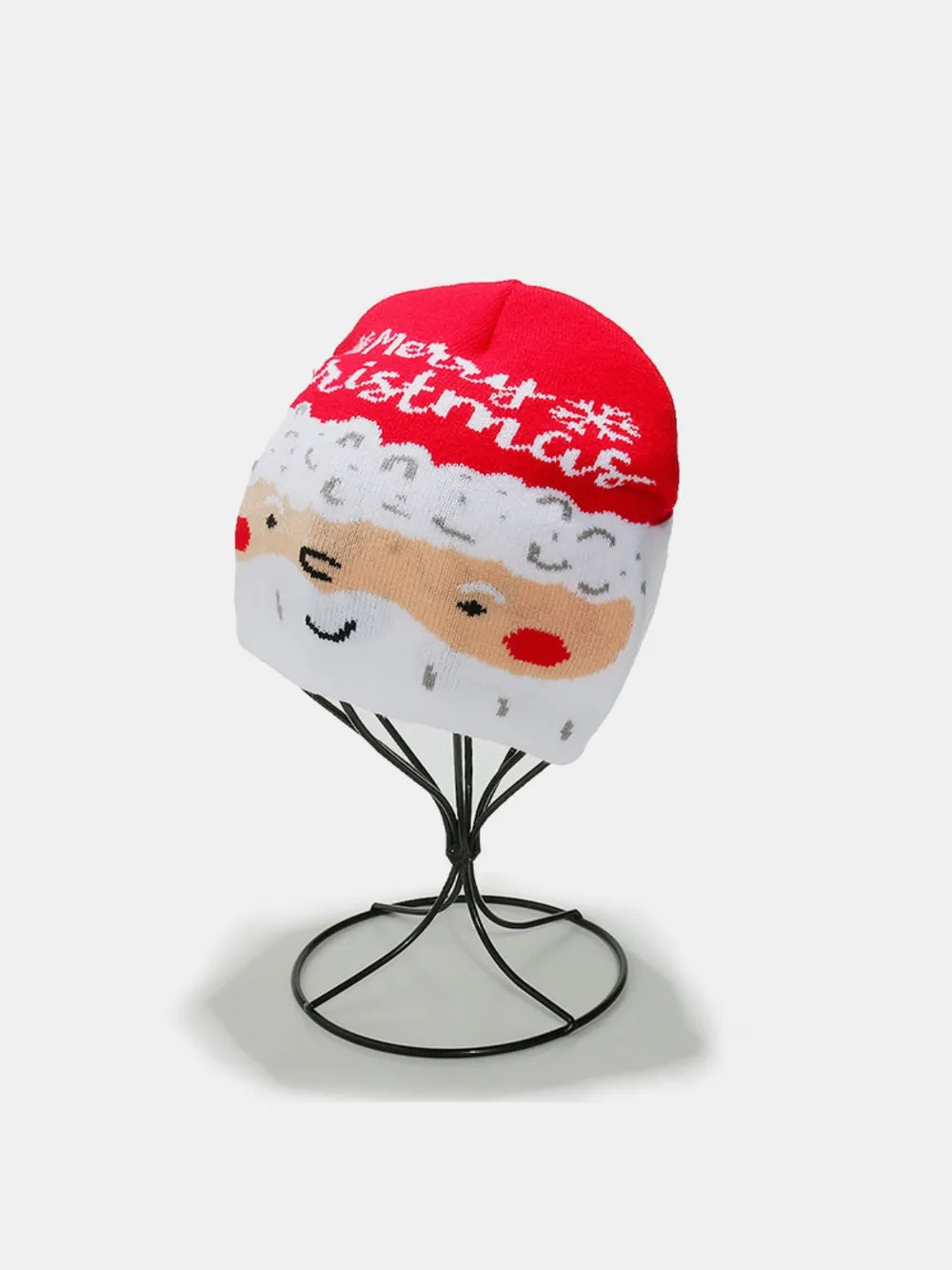 Red Santa face knit beanie with Merry Christmas text and white trim.
