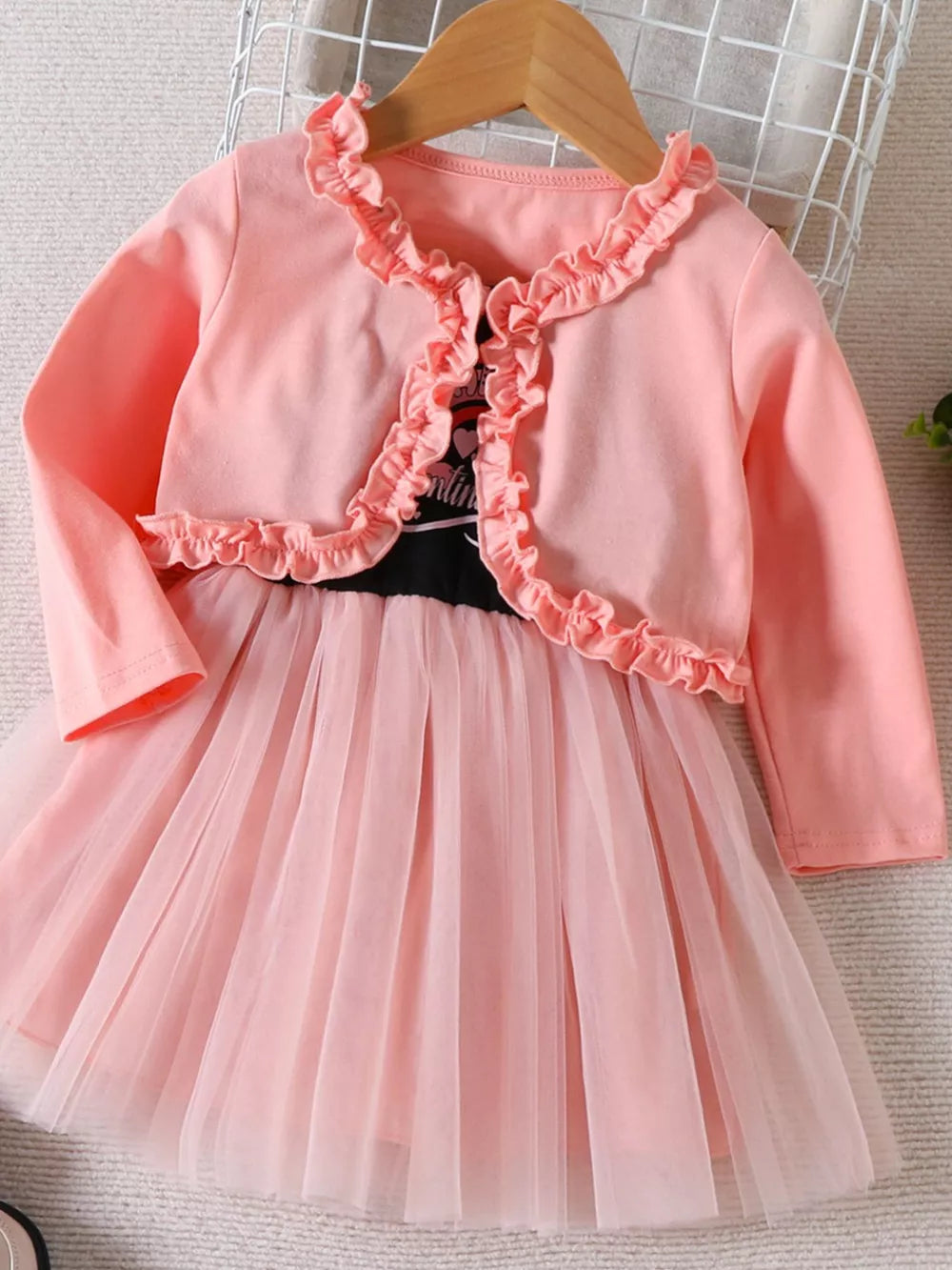 Children's Frill Cardigan And Tulle Dress Set in Pink