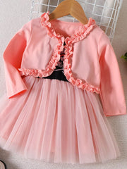 Children's Frill Cardigan And Tulle Dress Set in Pink