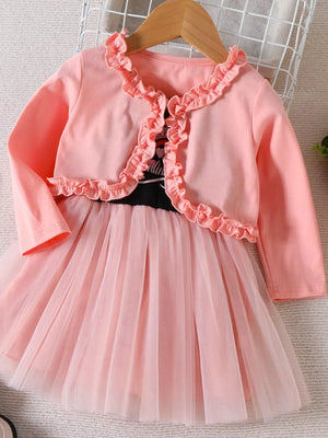 Children's Frill Cardigan And Tulle Dress Set in Pink