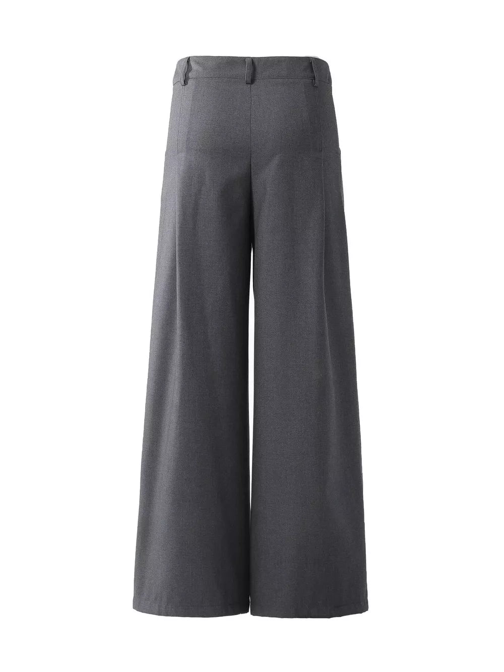 Men's dark gray wide-leg trousers with belt loops and button closure.