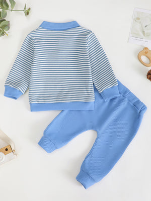 Children's blue and white striped polo shirt with matching waffle knit pants.