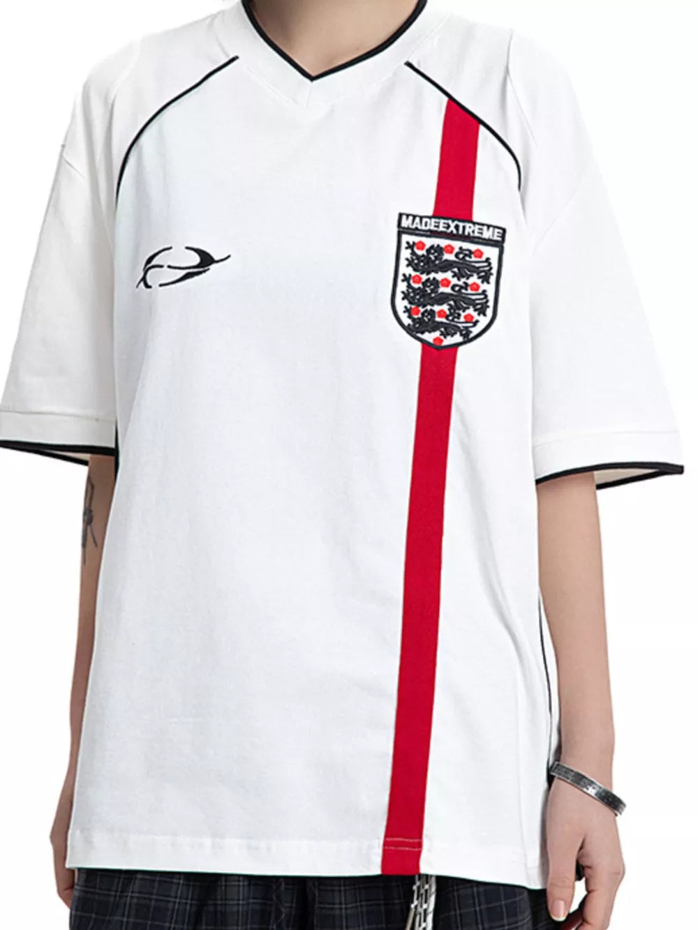 Men's white cotton tee with contrast red stripe and black trim, half sleeves.