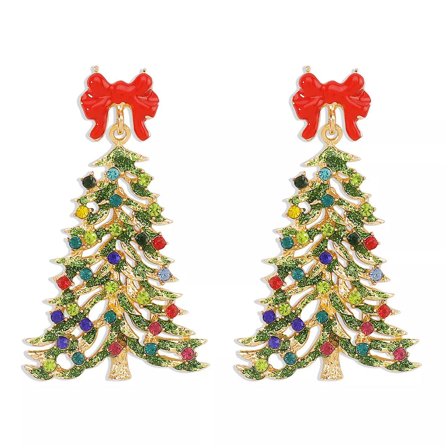 Festive rhinestone tree dangle earrings with red bows and colorful ornaments.