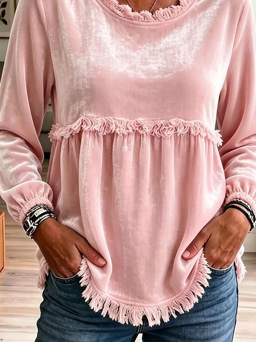 Velvet Fringe Long Sleeve Blouse in Black
