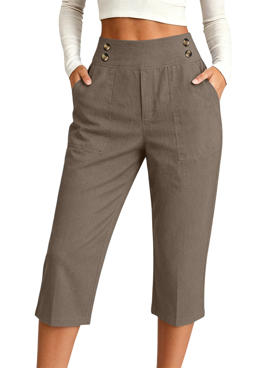 High-Waisted Button-Detail Cropped Pants Plus Size in Army Green with pocketed