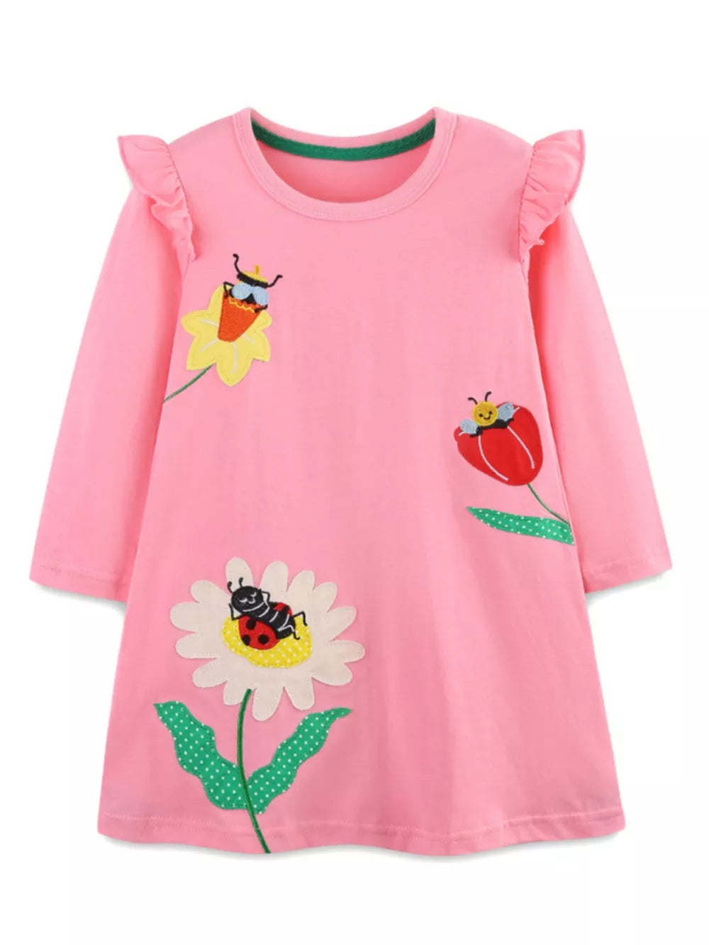 Pink toddler dress with ruffled sleeves and bug and flower appliqués.