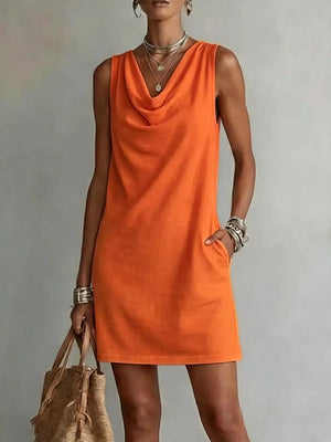 Orange sleeveless cowl neck mini dress with pockets