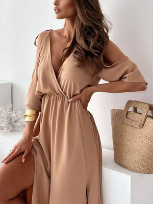 Slit Cold Shoulder Maxi Dress in White with tied