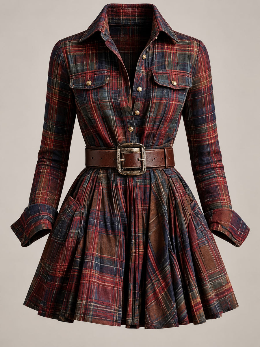 shirt dress in Dark Green (with Belt) with plaid and pocketed
