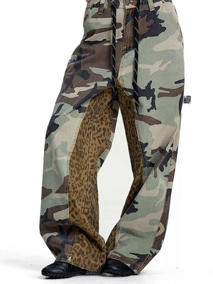 Army Green Men's Camouflage Leopard Patchwork Cargo Pants