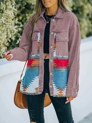 Oversized trucker jacket in mauve with Aztec print panels and frayed hem