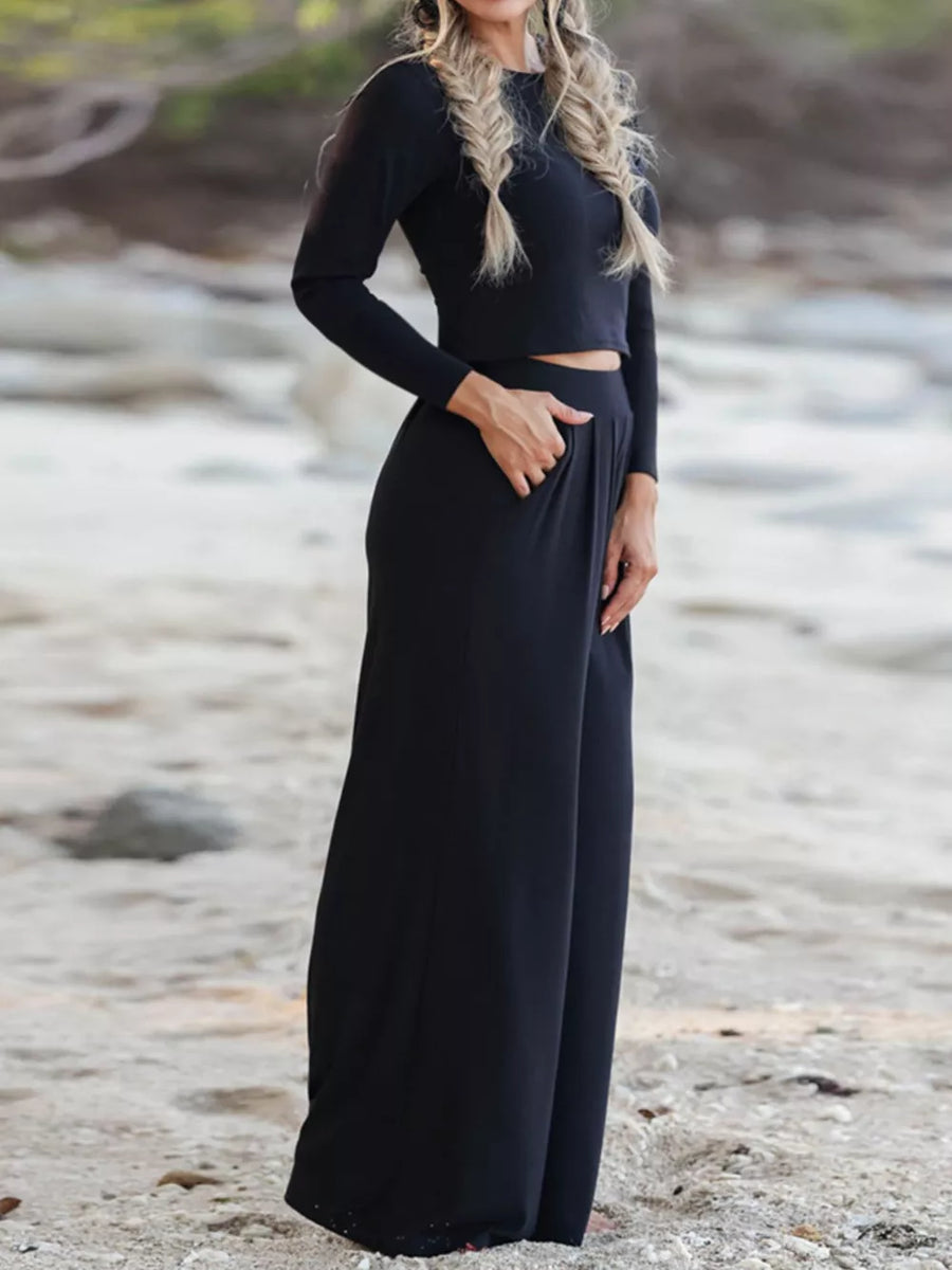 Long Sleeve Crop Top And Wide-leg Pants Set in Black