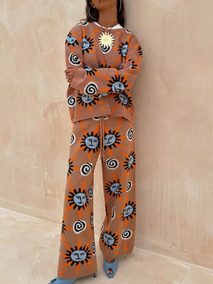 tan lounge set with graphic and crew neck