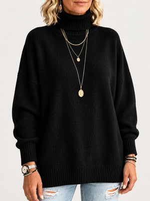 turtleneck sweater in Purple with dropped shoulder and hip-length