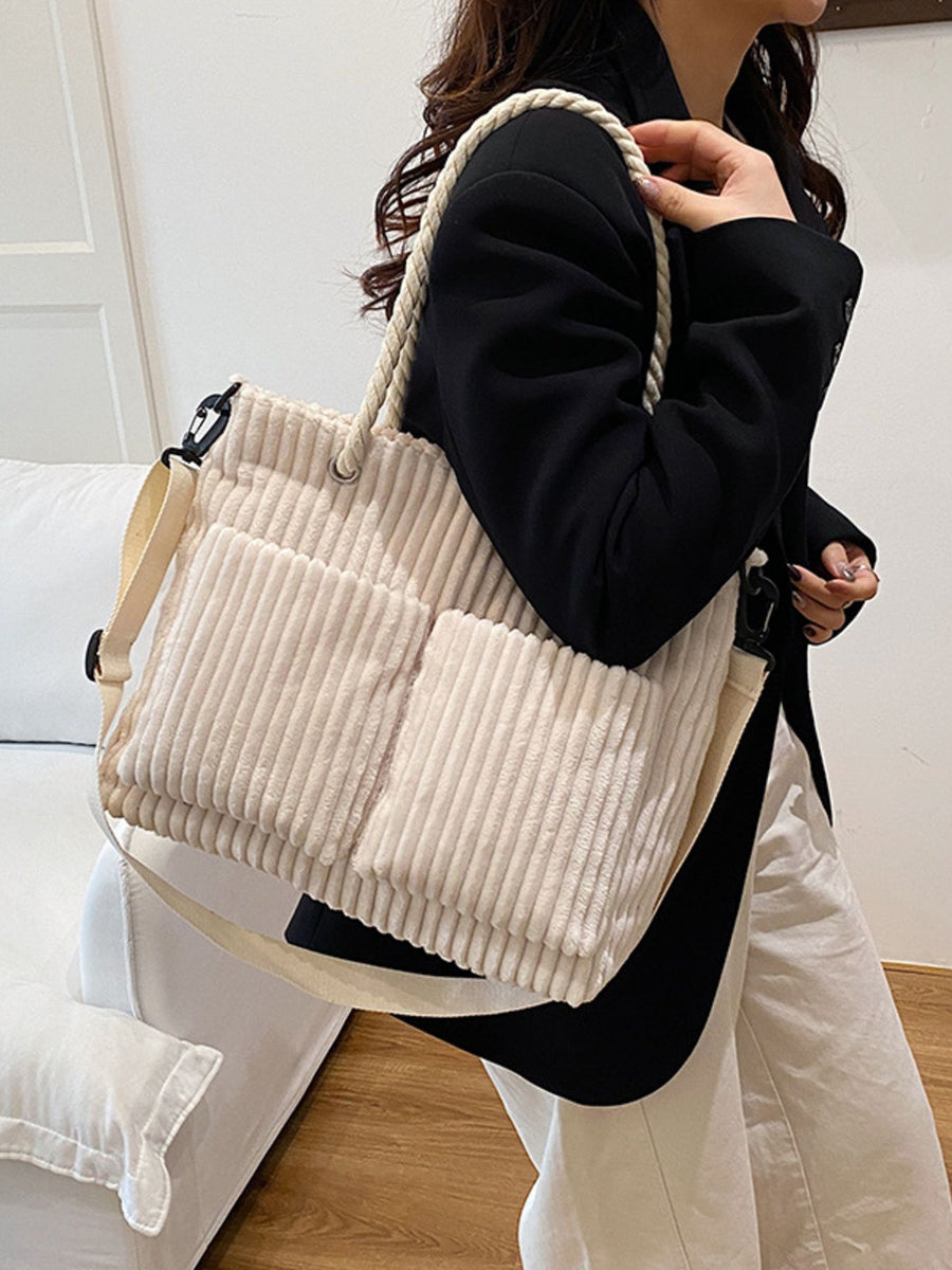 Casual Corduroy Handbag Tote Bag in Black with rope handles