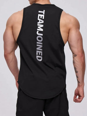 Black performance tank top with vertical TEAMJOINED graphic on back.