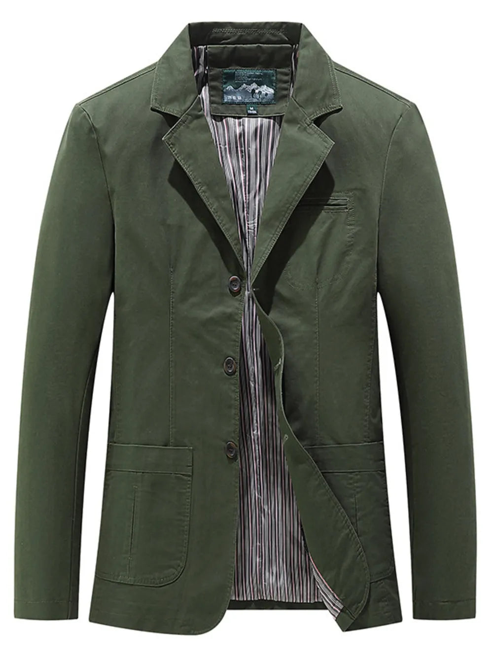 Green cotton blend blazer with two-button closure, notched lapels, and striped lining.