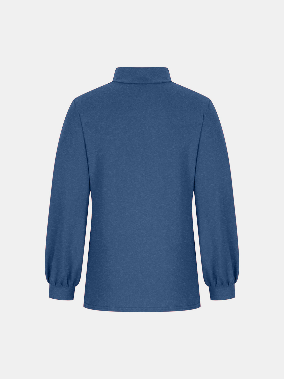 Dusty blue mock neck top with button back and puff sleeves