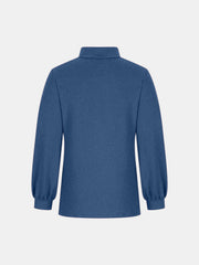 Dusty blue mock neck top with button back and puff sleeves