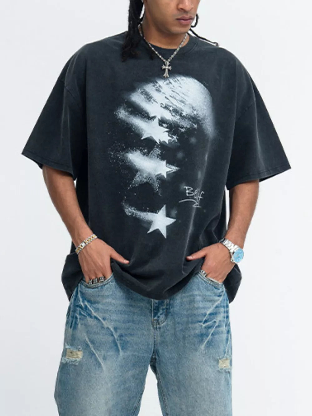 Men's charcoal graphic tee with star print, round neck, and short sleeves.