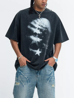 Men's charcoal graphic tee with star print, round neck, and short sleeves.