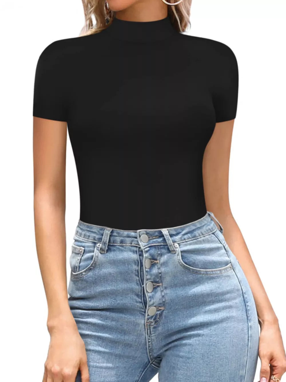 Black mock neck short sleeve form-fitting bodysuit styled with high-waisted jeans