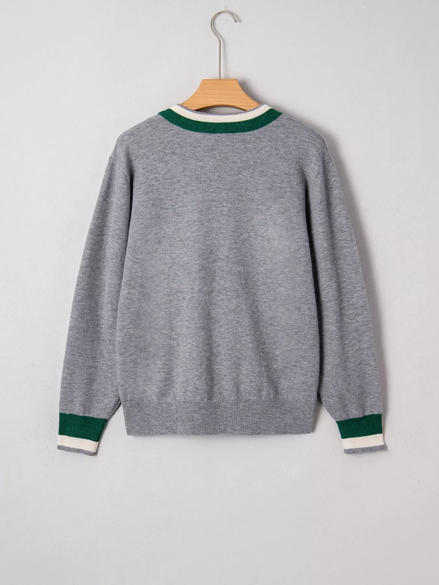 Gray V-neck sweater with green and white striped trim at neckline and cuffs.