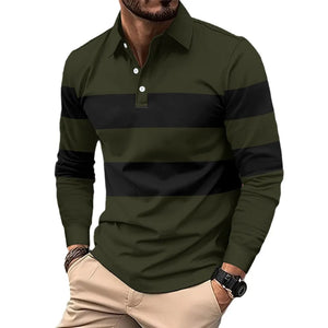 Men's long sleeve polo shirt in black forest and black horizontal stripes.