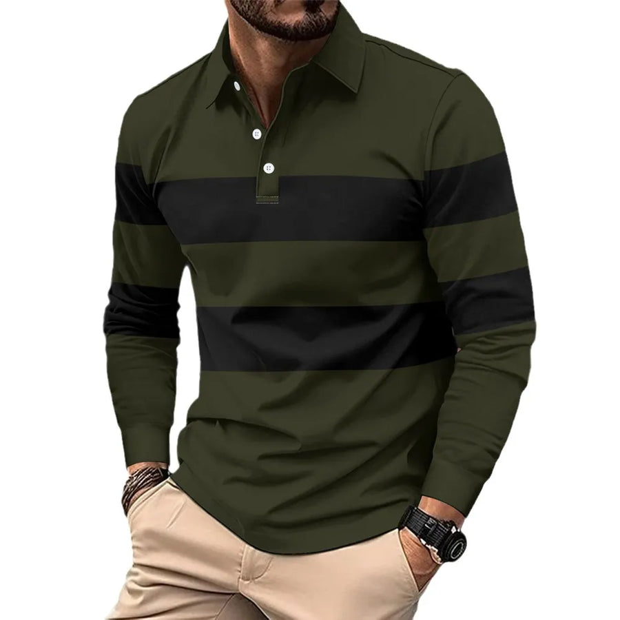 Men's long sleeve polo shirt in black forest and black horizontal stripes.