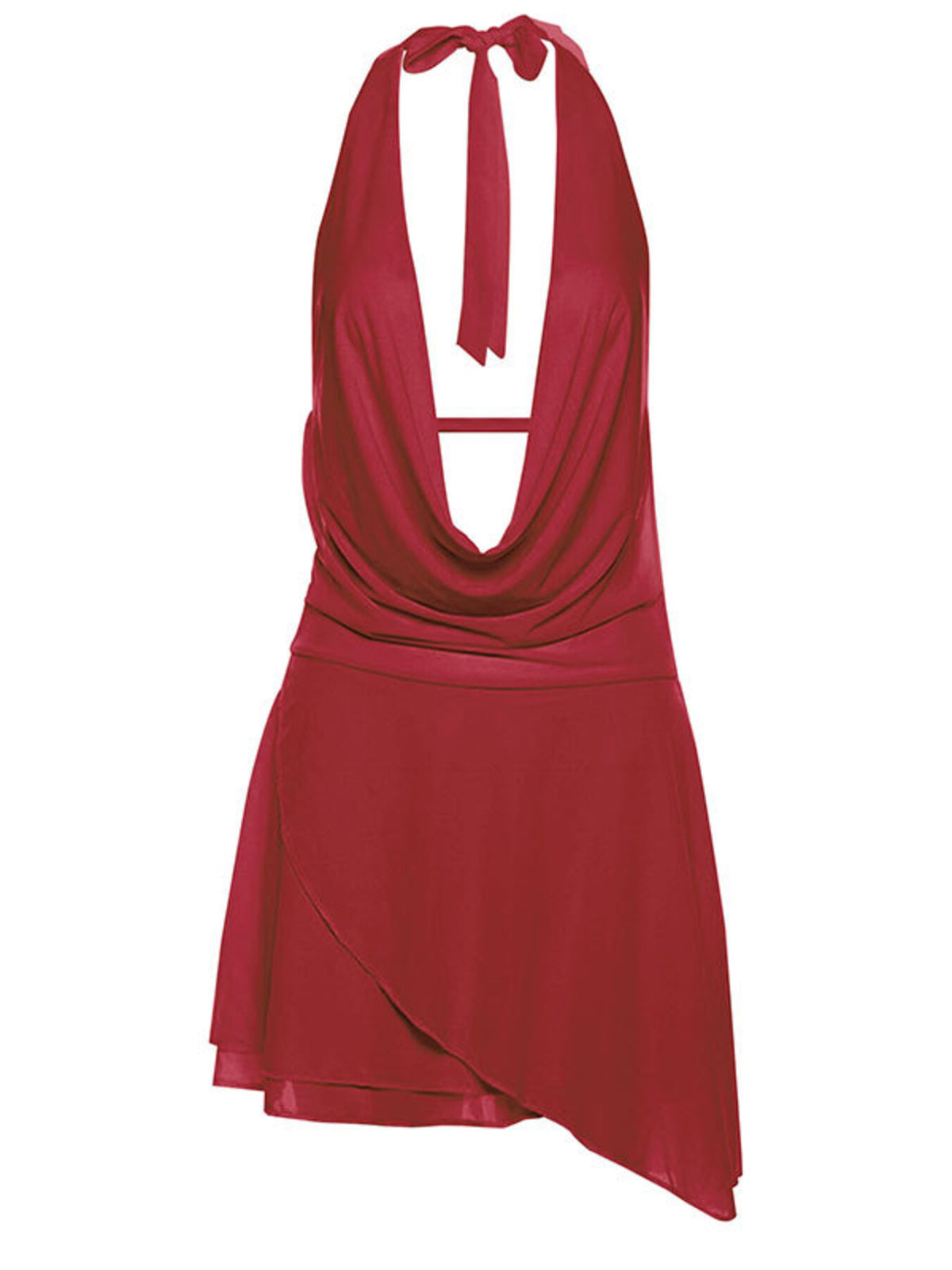 Red backless ruffled mini dress with halter tie and asymmetrical hem