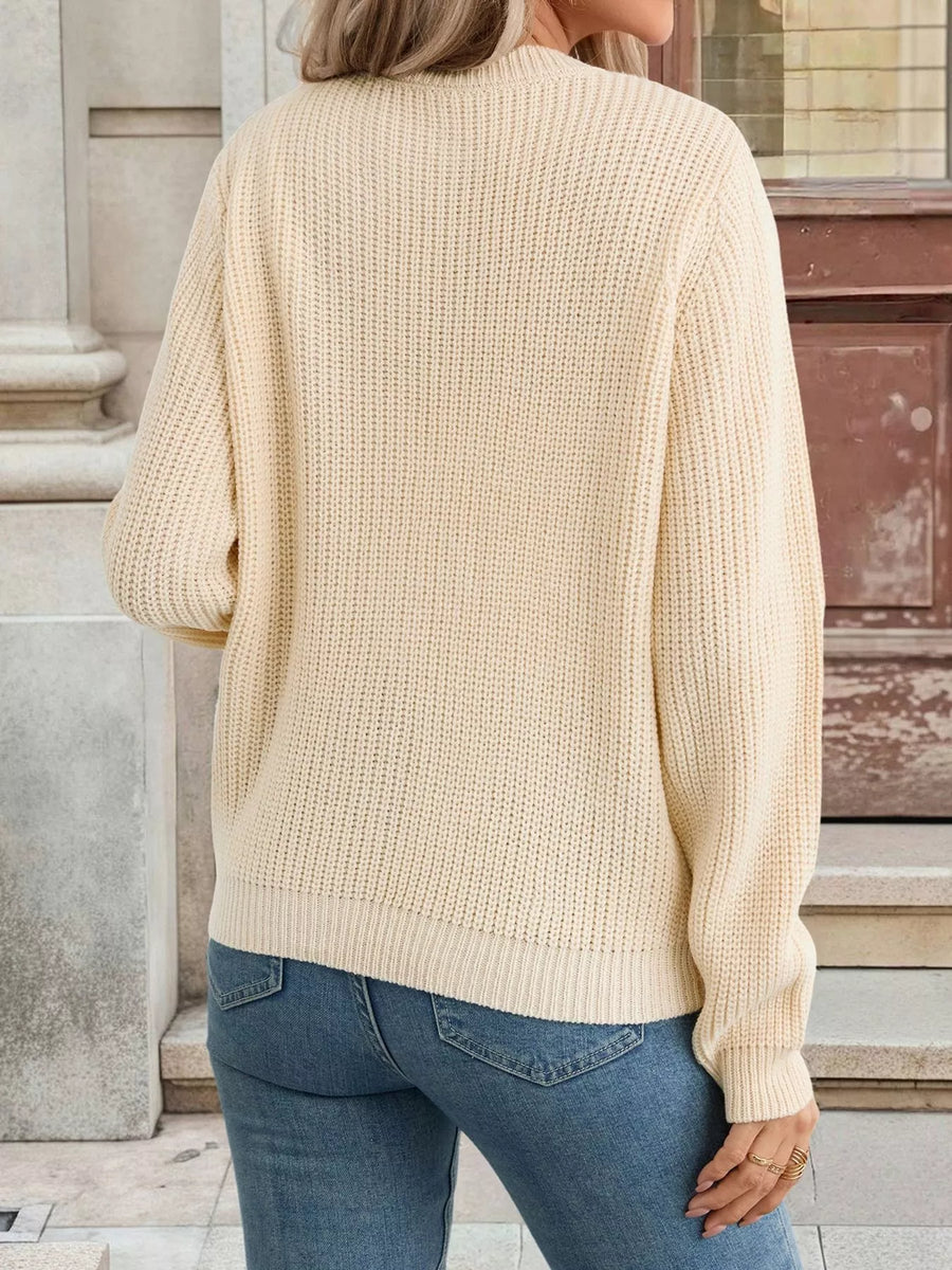 Khaki ribbed knit cardigan with button-up front and crew neck.