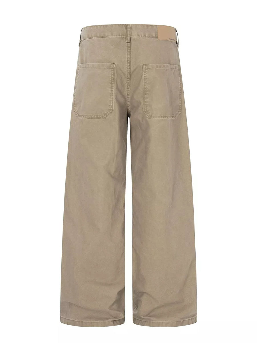 Khaki wide-leg cargo pants with distressed details and two back pockets.