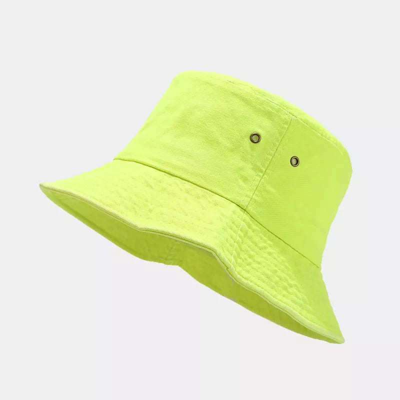 hat in neon yellow featuring wide brim and bucket fit