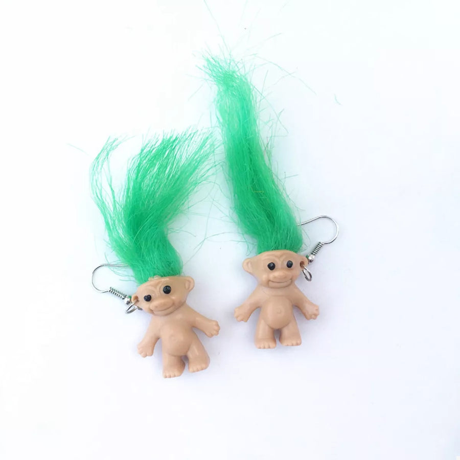Green troll doll dangle earrings with fuzzy hair and hook backs.