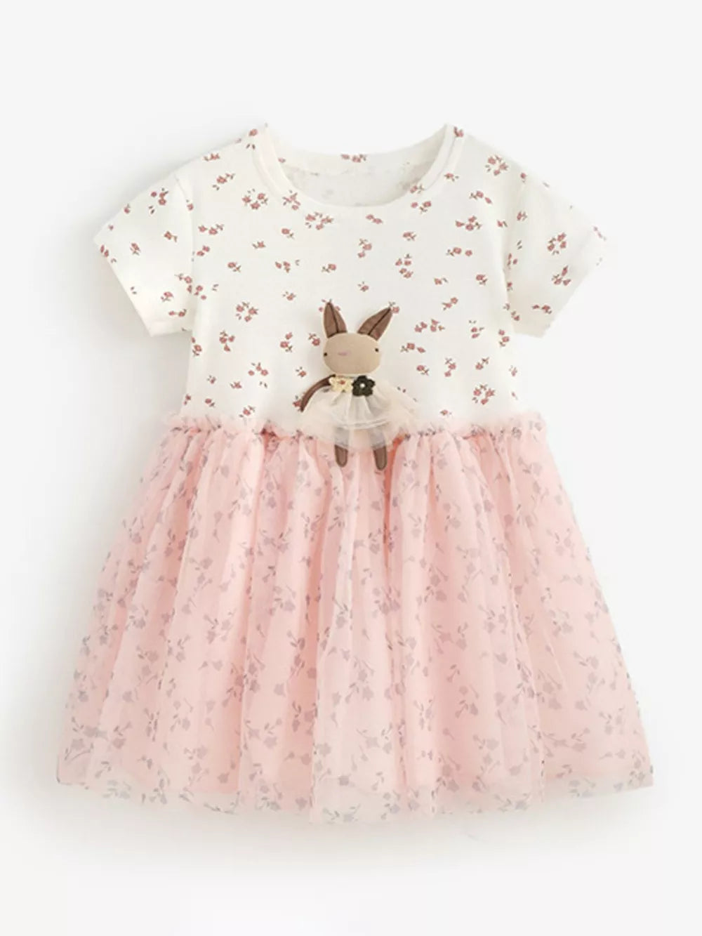 Baby girls' blush pink floral tulle dress with bunny applique and bow detail.