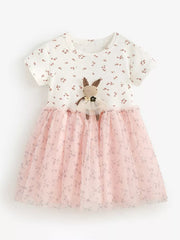 Baby girls' blush pink floral tulle dress with bunny applique and bow detail.