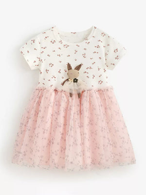 Baby girls' blush pink floral tulle dress with bunny applique and bow detail.