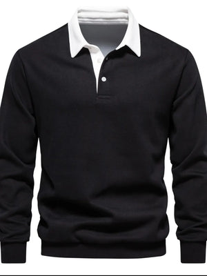 Black long sleeve rugby sweatshirt with white collar and button placket.