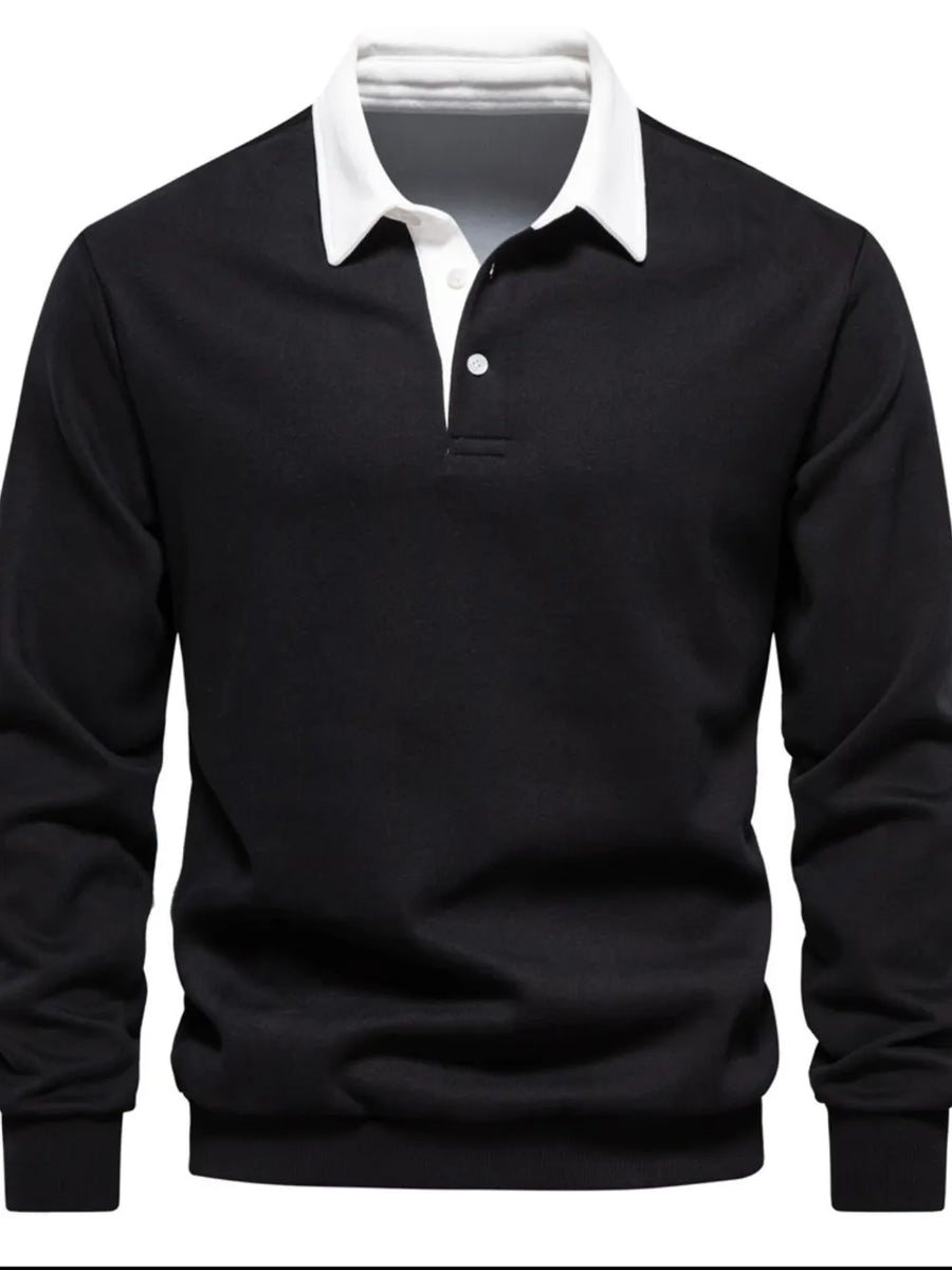 Black long sleeve rugby sweatshirt with white collar and button placket.