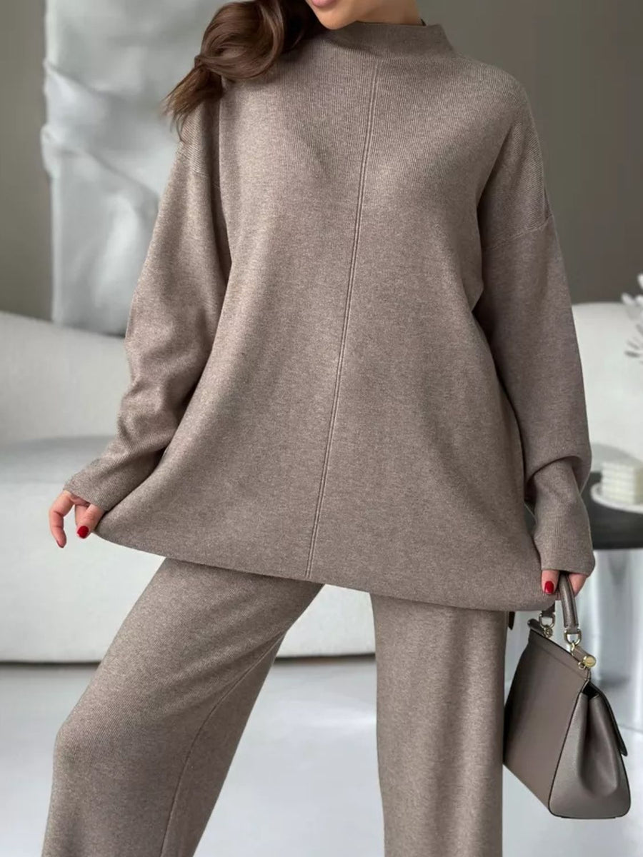 Relaxed fit knit co-ord set in mocha acrylic with mock neck and wide leg pants.