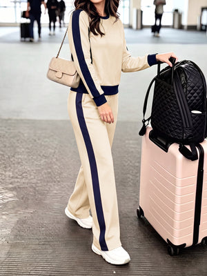 navy blue lounge set featuring drawstring waist and striped