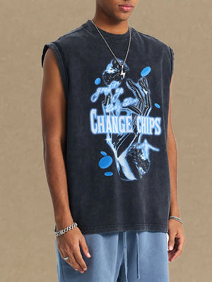 Black vintage wash graphic sleeveless tee with blue abstract design and text.