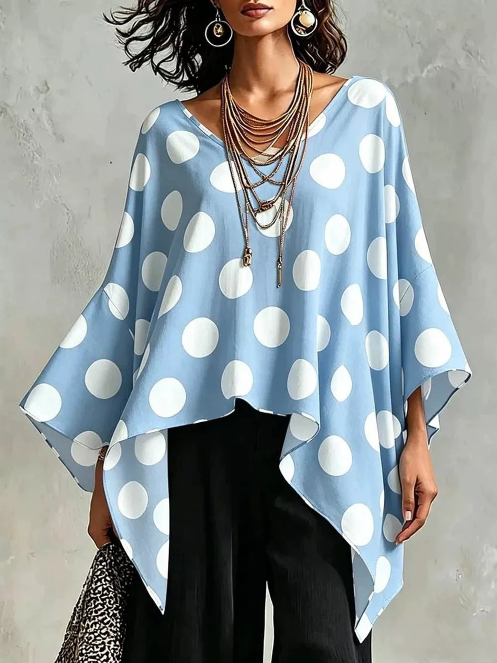 Light Blue Polka Dot Asymmetrical Hem Blouse