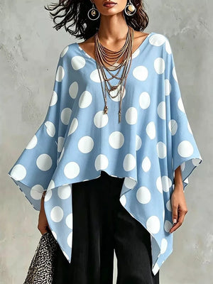 Light Blue Polka Dot Asymmetrical Hem Blouse