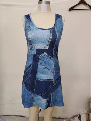 Patchwork Denim Sleeveless Mini Dress in Black