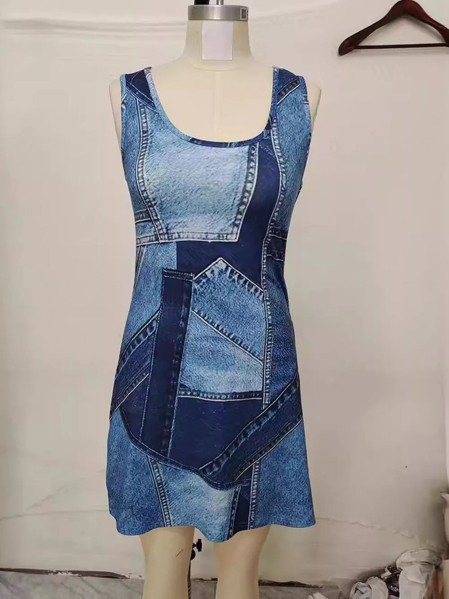 Patchwork Denim Sleeveless Mini Dress in Black